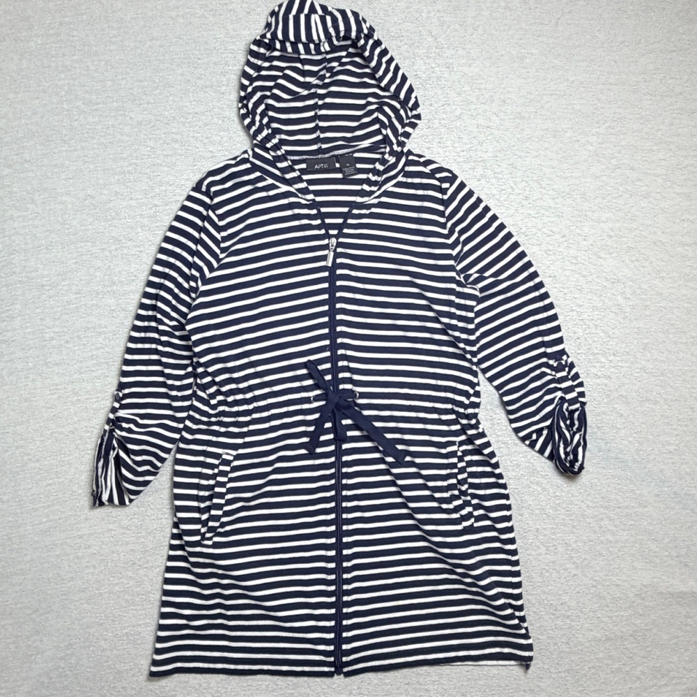 Apt. 9 Womens Zip Up Hoodie XL Navy Blue White Nautical Striped Roll Tab Sleeve‎